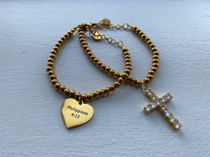 Faithfully Chic Phillippians 4:13 Heart & Crystal Encrusted Cross Dangle Charm Layer Bracelet Set - Gold or Silver Set of 2