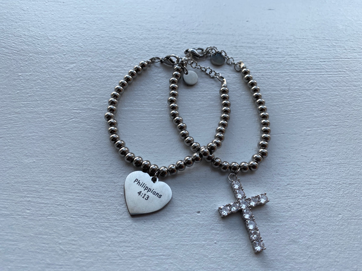 Cross of Hearts Name Bracelet - Pewter Letters