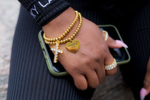 Load image into Gallery viewer, Faithfully Chic Phillippians 4:13 Heart & Crystal Encrusted Cross Dangle Charm Layer Bracelet Set - Gold or Silver Set of 2