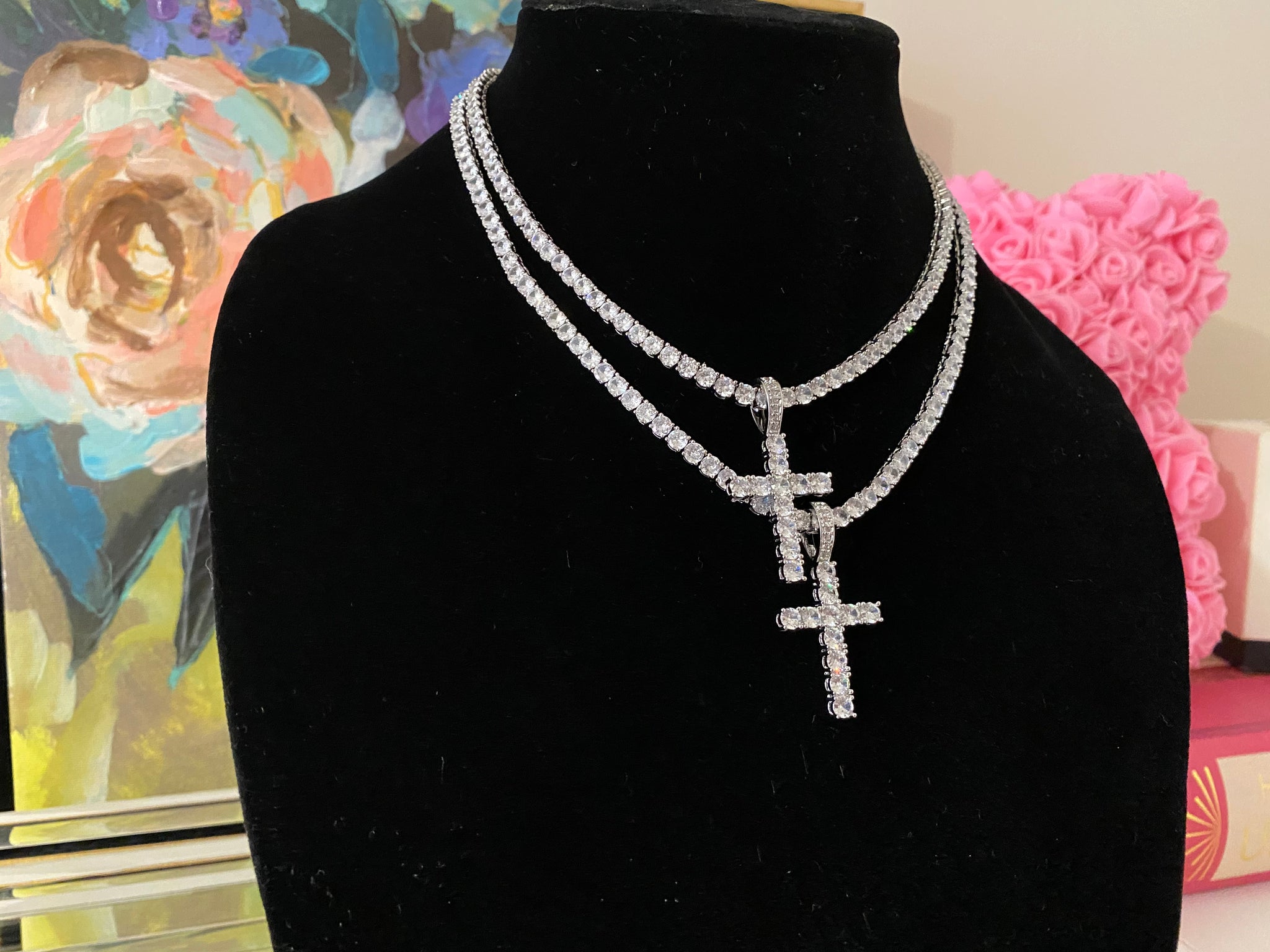 Real diamond tennis chain with cross Clearance