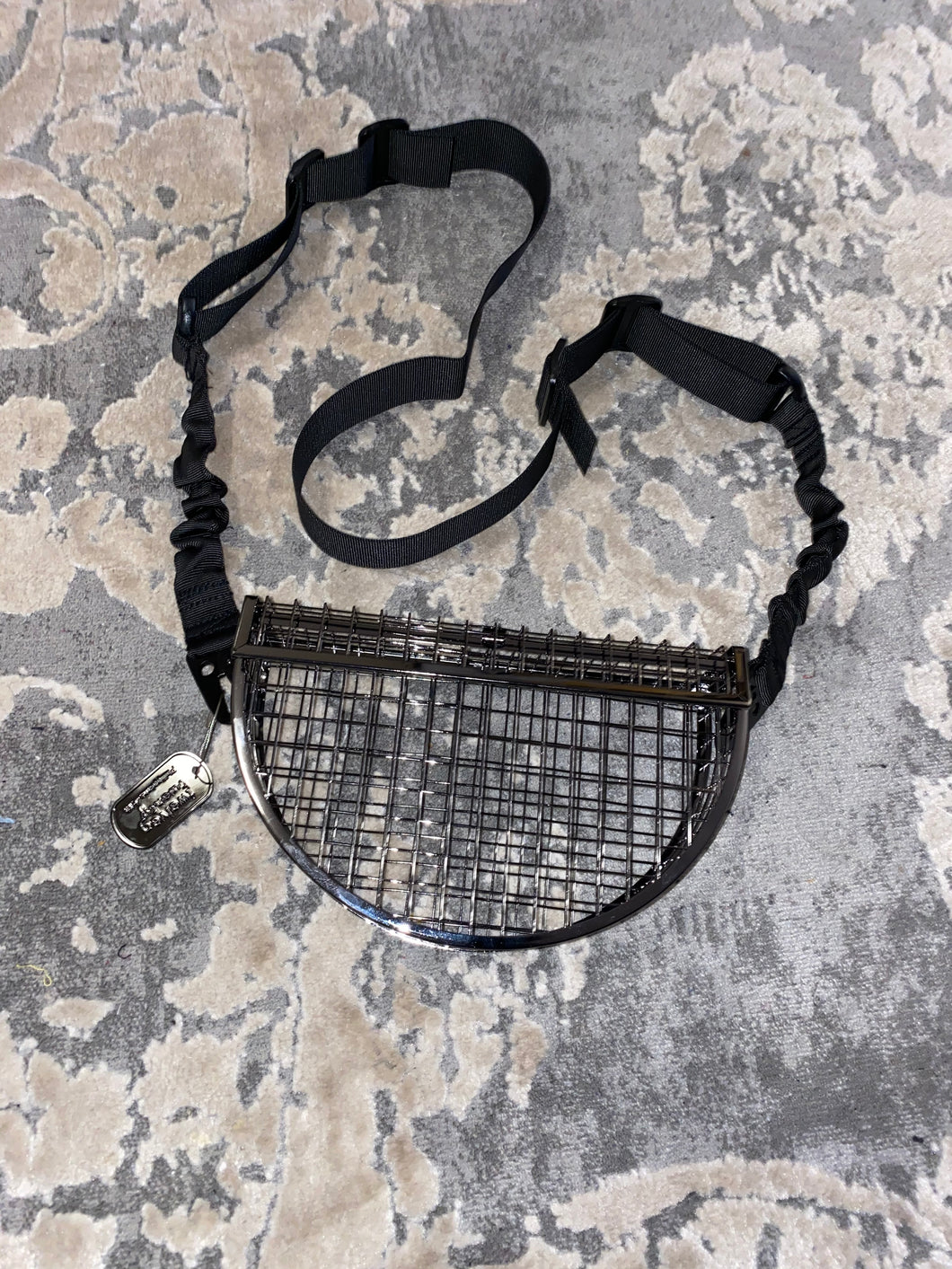 Ultra-Mod Convertible Caged Wire Half Moon Purse - Fabric Belt Strap w/ Dog Tag Keychain Clutch Bag