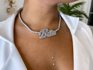 Full Glam Cursive Customizable Name Plate & Tennis Chain Necklace