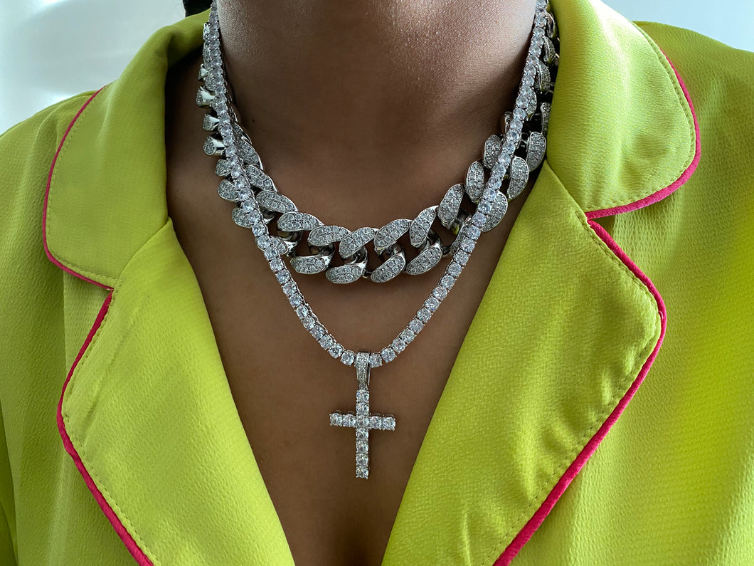 Cuban Link + Iced Cross Pendant & Tennis Necklace Set